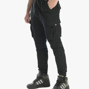 Men Tapered Cargo Pants Slim Fit Chino Joggers Work Trousers Pockets Black 34